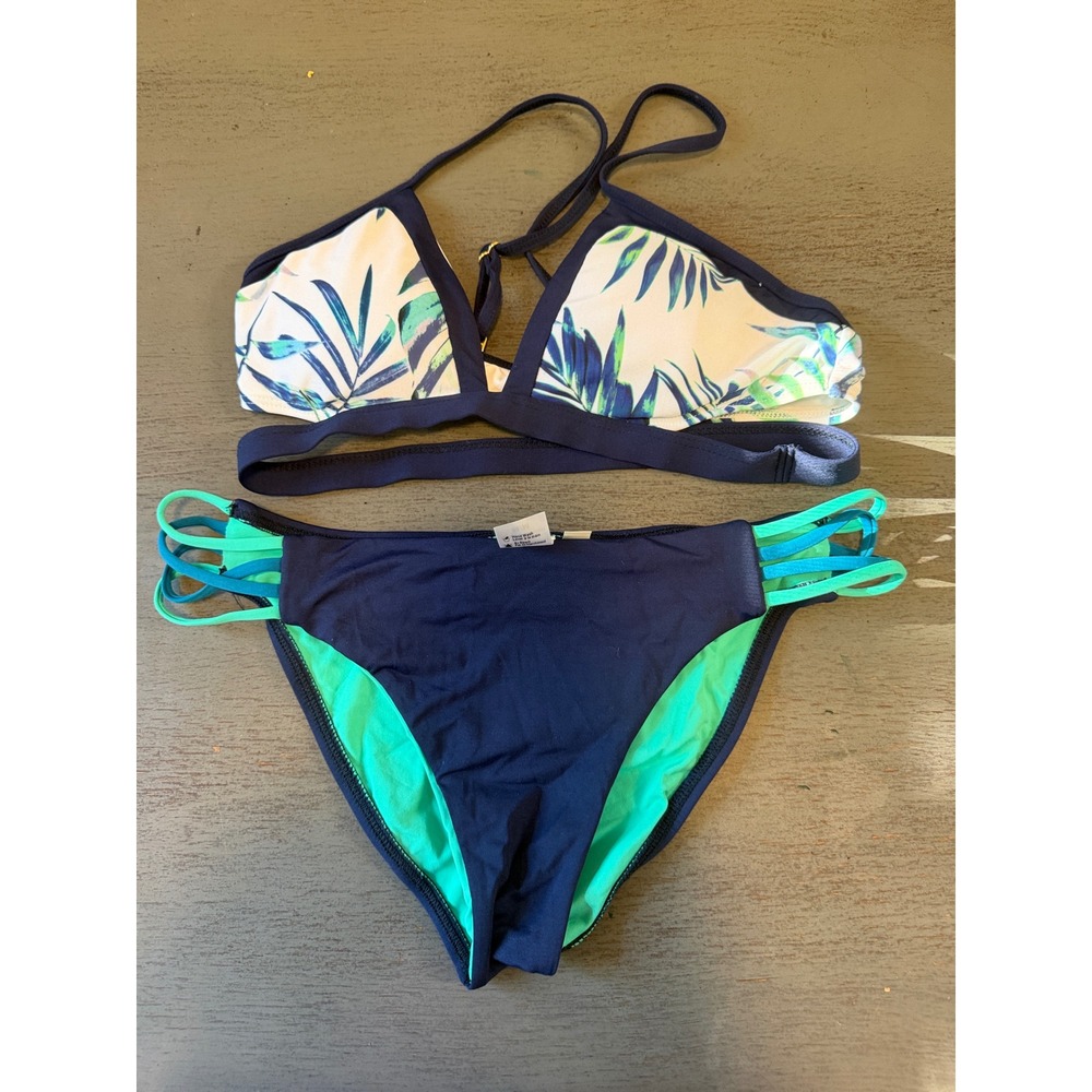 L*Space Bikini Set Medium Tropical Palm Print Top Navy Full Cut Strappy Bottoms